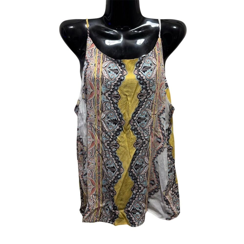 Verse Womens Paisley Cami‎ Tank Top Yellow Blue Boho Keyhole Back L NEW
